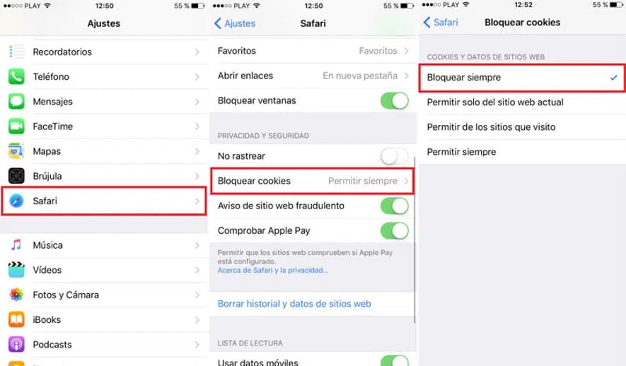 iOS – opciones de cookies en Safari
