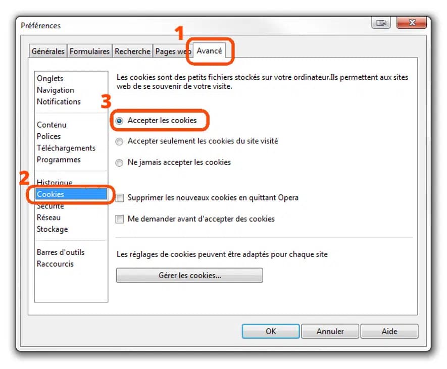 Opera – ajustes de cookies