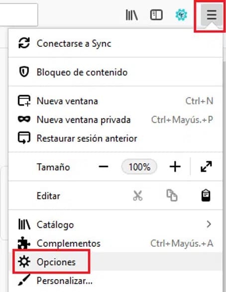 Firefox – menú opciones