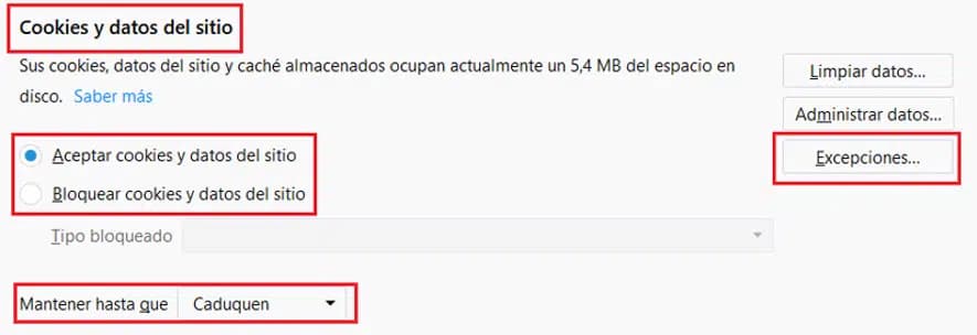 Firefox – opciones de cookies