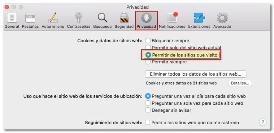 Safari – preferencias de privacidad